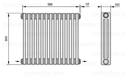 Схема (чертеж) Радиатор Zehnder Charleston 3090/13 №2670 Белый глянцевый RAL 9016
